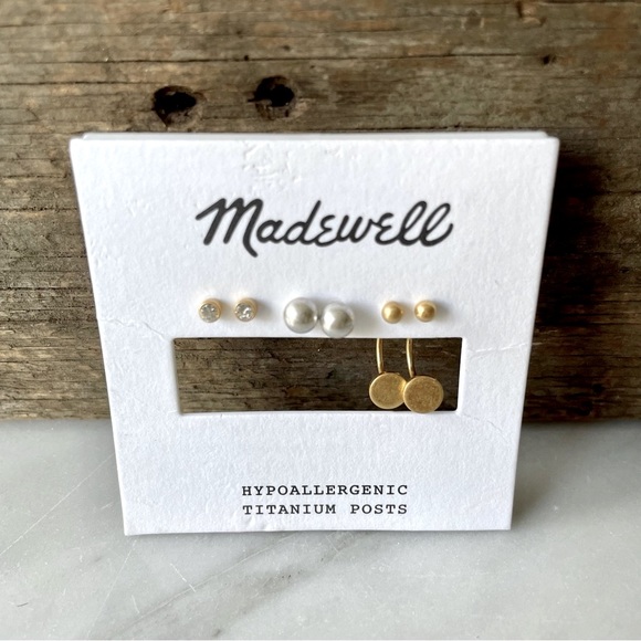 Madewell•NEW•(3) Pairs Earrings•CZ Posts, Satin Silver Balls, Gold Drop Studs🌼 - Picture 3 of 9